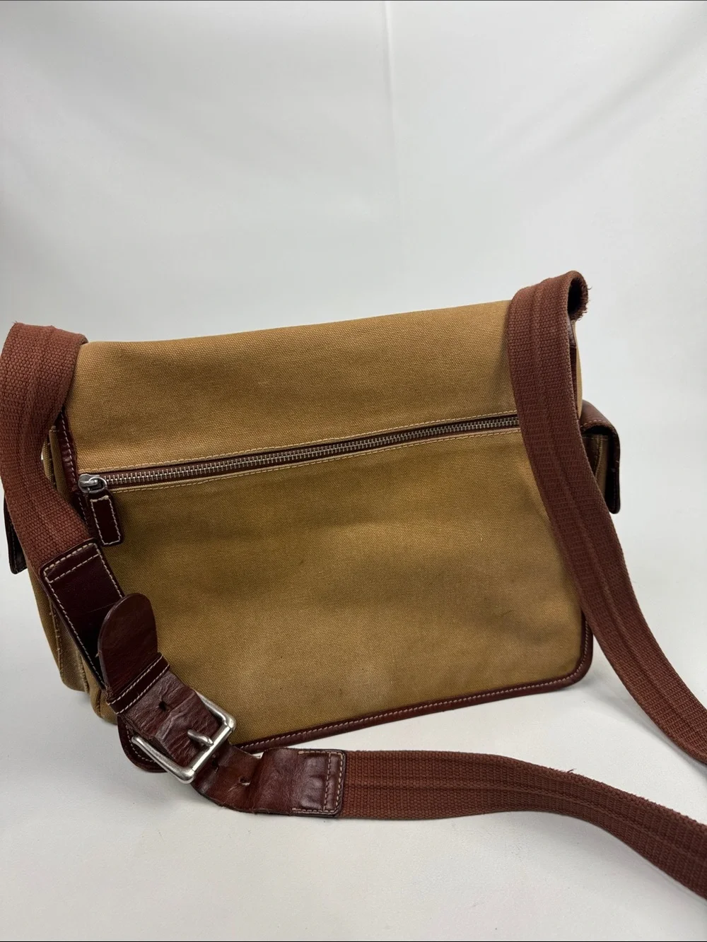 Vintage Fossil Tan Canvas Messenger crossbody Bag Brown Leather Trim Pockets
